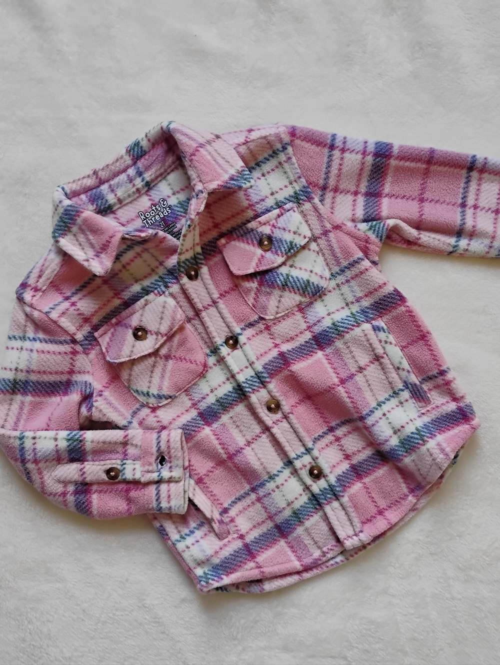 Super Cute Pink White & Blue Plaid Fleece Jacket | Buttondown Fall Coat | 2T